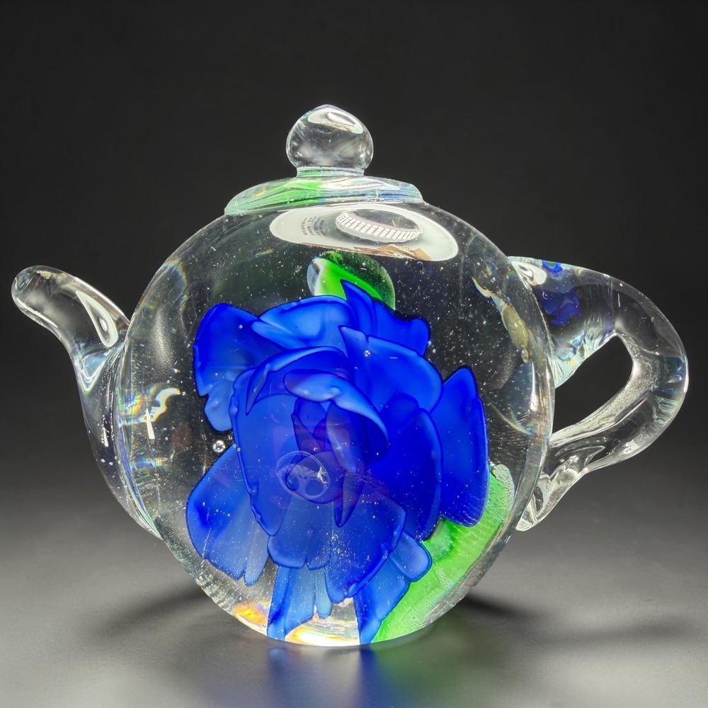 Art Glass Teapot Paperweight Blue Rose Controlled Bubble Flower Figurine VTG